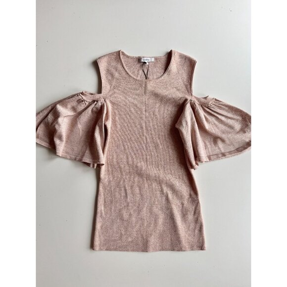 NWOT GANNI Romilly Pink Rose Metallic Knit Ruffle Cold Shoulder Blouse, Size M - Picture 4 of 12